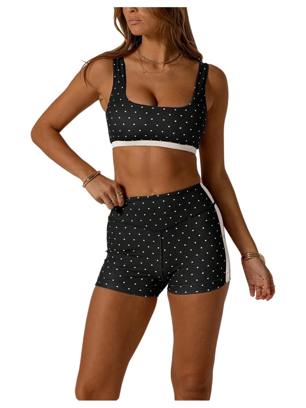 Black Polka Dot Sports Bra & High-Waist 2 piece Shorts Set